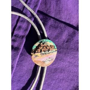 Hand Painted Vintage Southwest Western Adobe Bolo Tie Necklace